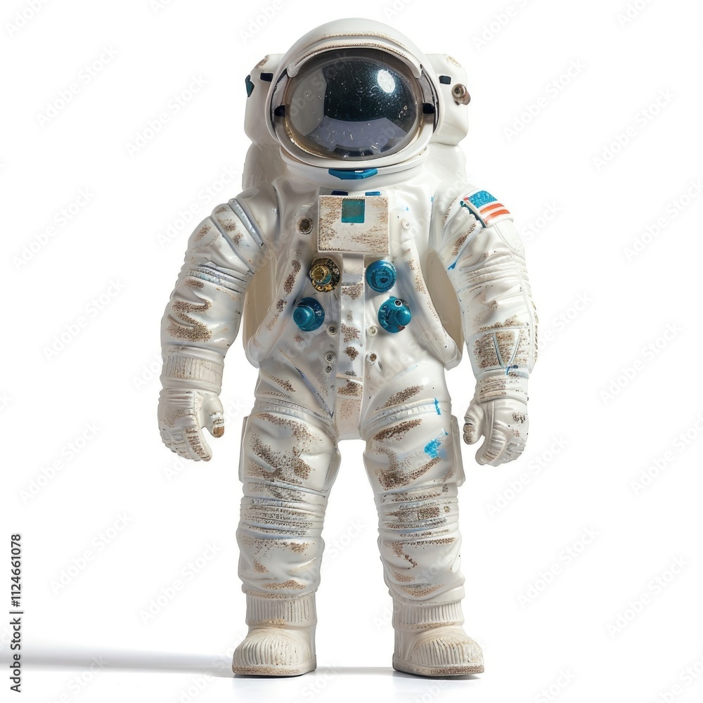 The astronaut's children's toy is white and has a little blue on his clothes The astronaut's children's toy is white and has a little blue on his clothes