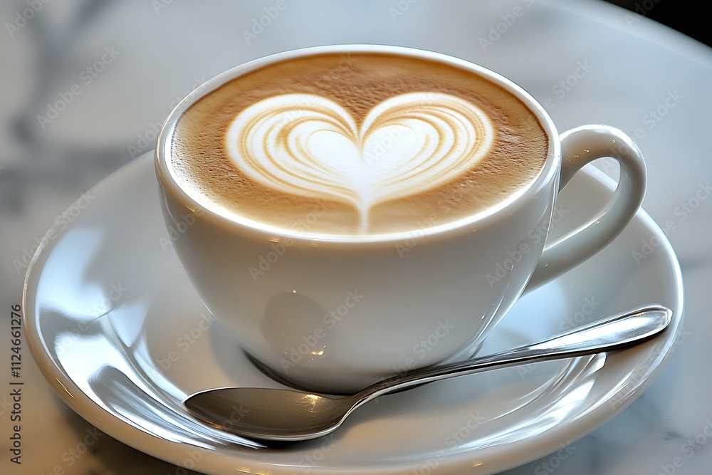 Perfect heart shaped latte art in coffee cup on smooth marble tabletop : Generative AI Perfect heart shaped latte art in coffee cup on smooth marble tabletop : Generative AI