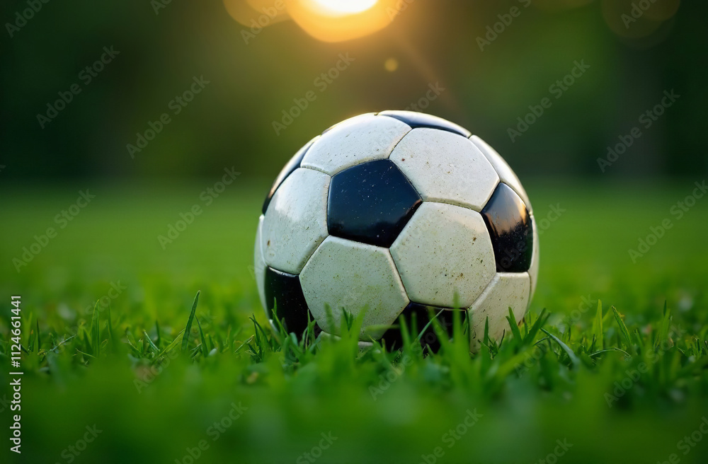 Fototapeta premium Soccer ball lying on green grass on football field, close up. AI Generative