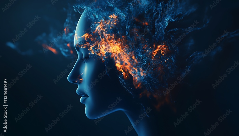 Fiery Abstract Head Enveloped In Blue Flames Fiery Abstract Head Enveloped In Blue Flames