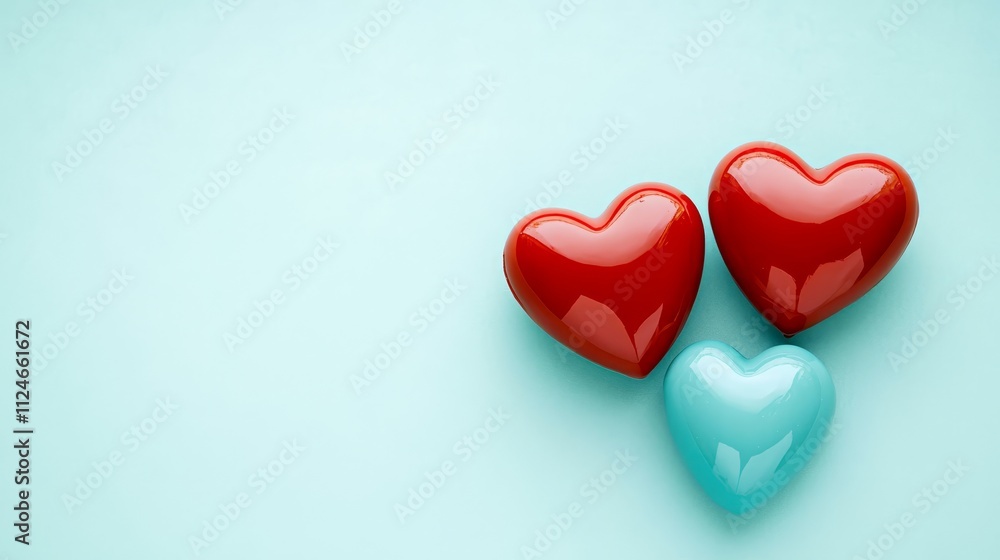 Red and Teal Hearts on Light Blue Background Red and Teal Hearts on Light Blue Background