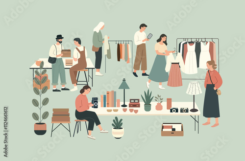  flea market scene featuring cartoon-style characters, showcasing the sale of second-hand items in a flat vector illustration. Perfect as a banner or backdrop design for promoting second-hand 
