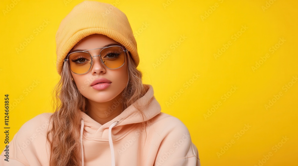 A fashionable woman in a yellow beanie and round glasses poses against a vivid yellow background, her expression serene yet commanding, epitomizing modern urban style. A fashionable woman in a yellow beanie and round glasses poses against a vivid yellow background, her expression serene yet commanding, epitomizing modern urban style.