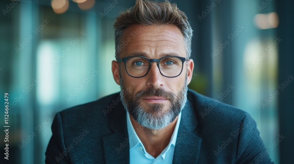 A confident, mature businessman wearing a dark blue suit and glasses is looking directly at the camera in a modern office, reflecting determination and focus. A confident, mature businessman wearing a dark blue suit and glasses is looking directly at the camera in a modern office, reflecting determination and focus.
