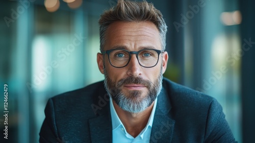 A confident, mature businessman wearing a dark blue suit and glasses is looking directly at the camera in a modern office, reflecting determination and focus.