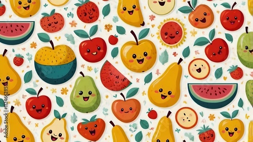 Colorful Kawaii Fruit Patterns With Smiling Faces And Leaves