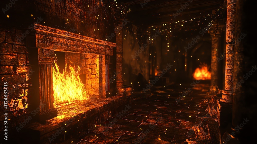 A dark, stone-walled room with a fireplace. A dark, stone-walled room with a fireplace.