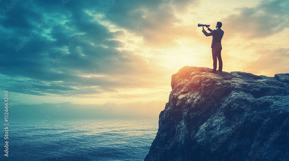A businessman in a suit stands on a clifftop, using a telescope to look out at the ocean and sunset. A businessman in a suit stands on a clifftop, using a telescope to look out at the ocean and sunset.