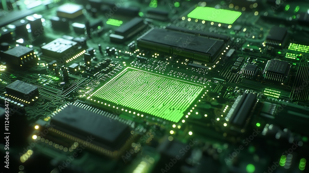 Emerald Circuitry: A Close-Up View of a Vibrant Green Digital Circuit Board Emerald Circuitry: A Close-Up View of a Vibrant Green Digital Circuit Board