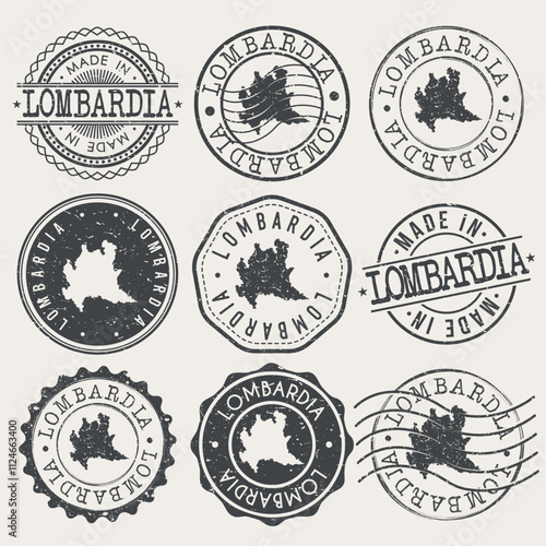 Lombardy, Italy Set of Stamps. Country Travel Marks. Made In Product. Design Seals Old Style Insignia.