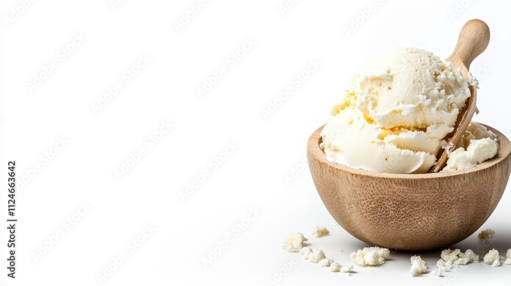 A rustic wooden bowl filled with scoops of rich vanilla ice cream captures the essence of temptation, delight, and the comforting simplicity of cherished desserts. A rustic wooden bowl filled with scoops of rich vanilla ice cream captures the essence of temptation, delight, and the comforting simplicity of cherished desserts.