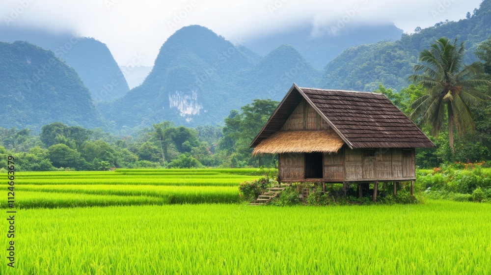 Green Rice Fields with Small Wooden Hut Under Cloudy Sky Green Rice Fields with Small Wooden Hut Under Cloudy Sky