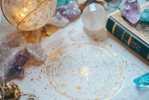 Wallpaper Mural Astrological chart surrounded by colorful crystals and an illuminated globe in a cozy setting Torontodigital.ca