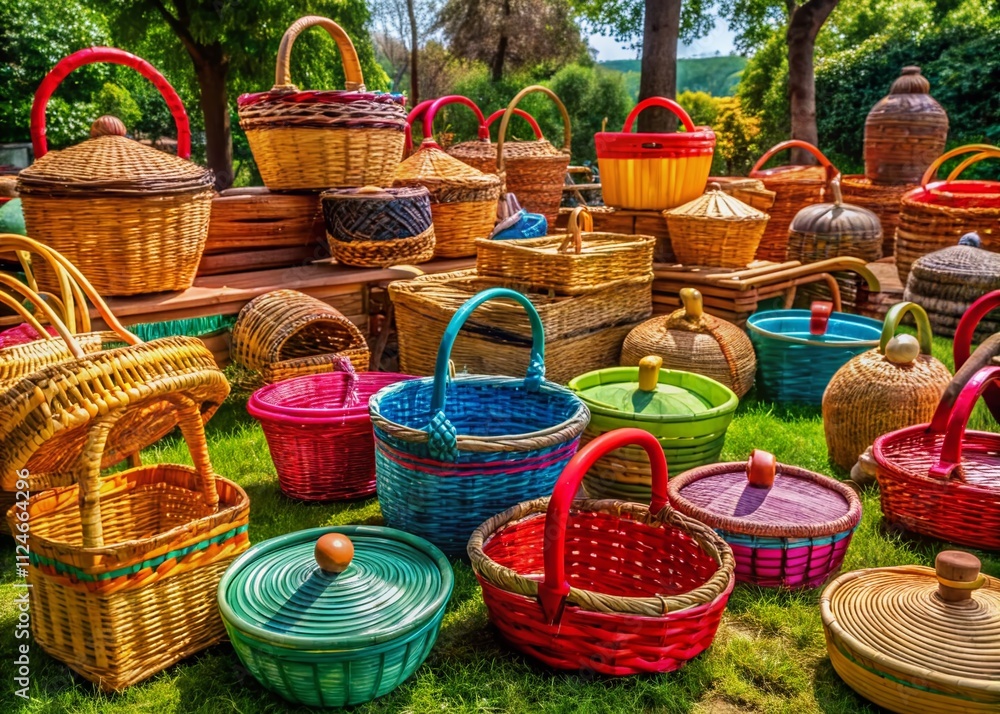 Aerial View of Cartoon Wicker Baskets: A Diverse Collection of Picnic Panniers in Unique Shapes and Designs, Showcasing Wooden Decorative Handicrafts for Outdoor Activities Aerial View of Cartoon Wicker Baskets: A Diverse Collection of Picnic Panniers in Unique Shapes and Designs, Showcasing Wooden Decorative Handicrafts for Outdoor Activities