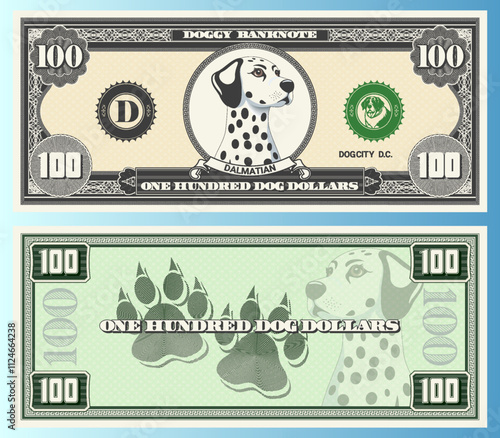 Vector banknote, denomination of 100 dog dollars. Portrait of cute friendly doggy ​​of Dalmatian breed and canine tracks. Obverse and reverse of game vintage money.