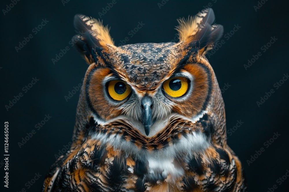 A great horned owl stands tall with vivid yellow eyes and defined feather patterns against a dark backdrop, displaying its remarkable facial symmetry and alert nature. A great horned owl stands tall with vivid yellow eyes and defined feather patterns against a dark backdrop, displaying its remarkable facial symmetry and alert nature.