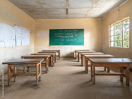 Wallpaper Mural Empty classroom, wooden desks, chalkboard, dusty floor. Torontodigital.ca