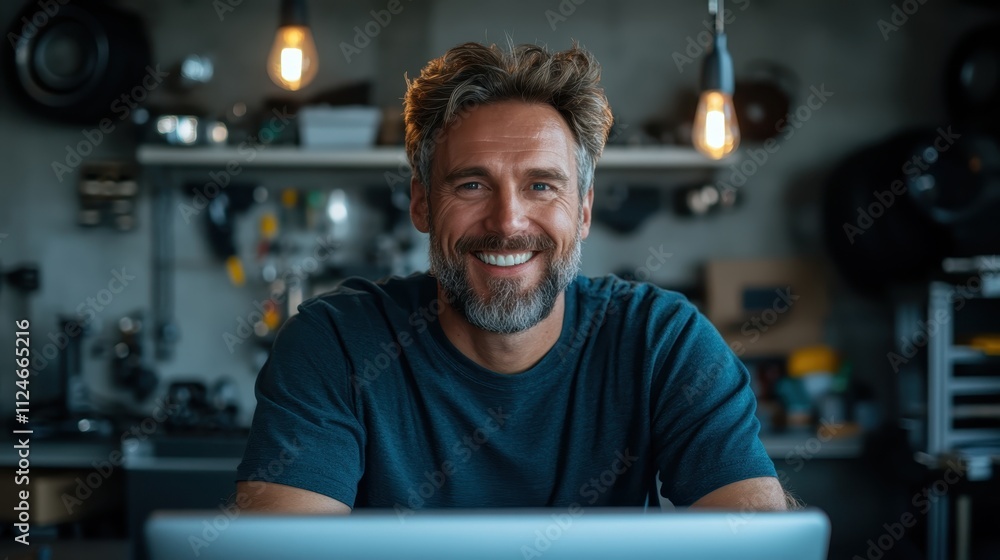 A smiling man sits amidst his workstation equipped with tools and ambient lighting, exuding creativity and focus, in a space designed for inspiration and productivity. A smiling man sits amidst his workstation equipped with tools and ambient lighting, exuding creativity and focus, in a space designed for inspiration and productivity.