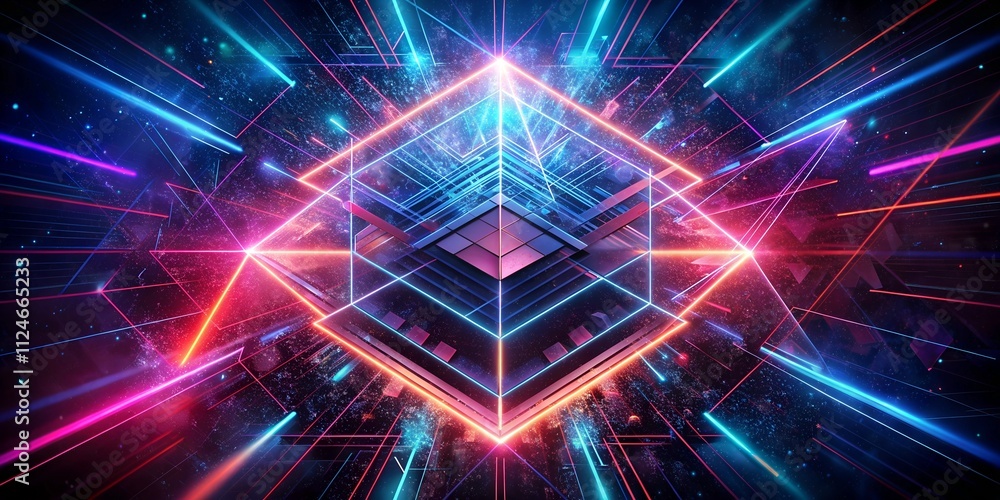 Neon explosion of colors illuminating a geometric composition in a dark environment Neon explosion of colors illuminating a geometric composition in a dark environment