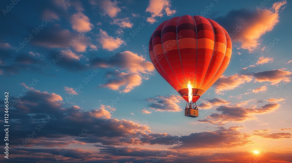 A vibrant hot air balloon soaring through a colorful sunset sky. A vibrant hot air balloon soaring through a colorful sunset sky.