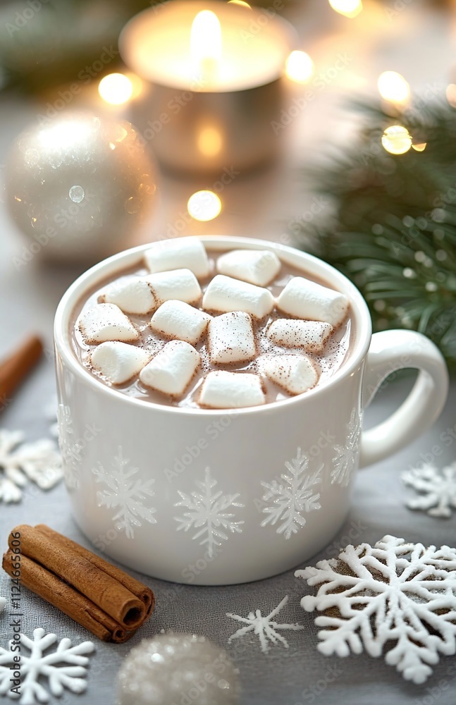 A cup of hot chocolate with marshmallows, surrounded by cinnamon sticks and Christmas decorations on a gray background A cup of hot chocolate with marshmallows, surrounded by cinnamon sticks and Christmas decorations on a gray background