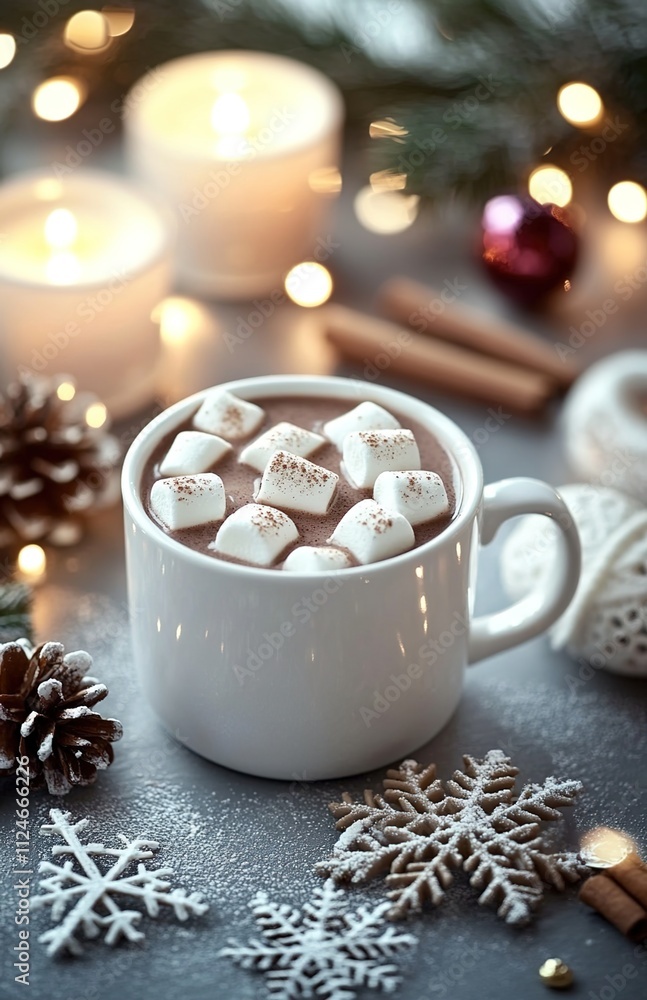 A cup of hot chocolate with marshmallows, surrounded by cinnamon sticks and Christmas decorations on a gray background A cup of hot chocolate with marshmallows, surrounded by cinnamon sticks and Christmas decorations on a gray background