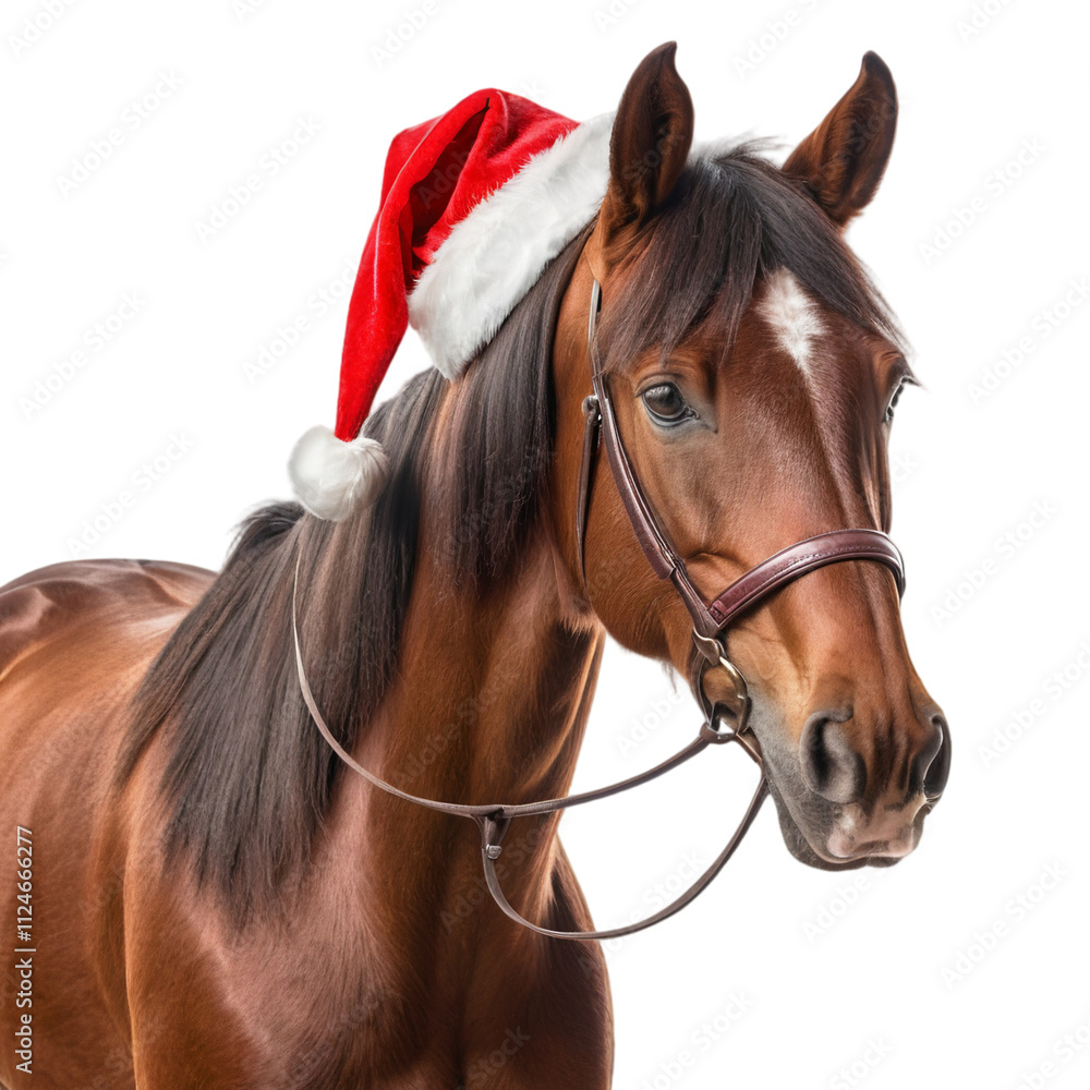 Horse wearing a festive Santa hat with a bridle on a transparent background for holiday-themed designs and marketing Horse wearing a festive Santa hat with a bridle on a transparent background for holiday-themed designs and marketing