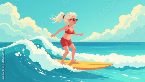 Adult woman standing on surfboard on water