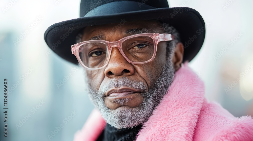 An older man in a pink coat, wearing a chic hat and glasses, exudes confidence and style with a cityscape softly blurred in the background. An older man in a pink coat, wearing a chic hat and glasses, exudes confidence and style with a cityscape softly blurred in the background.