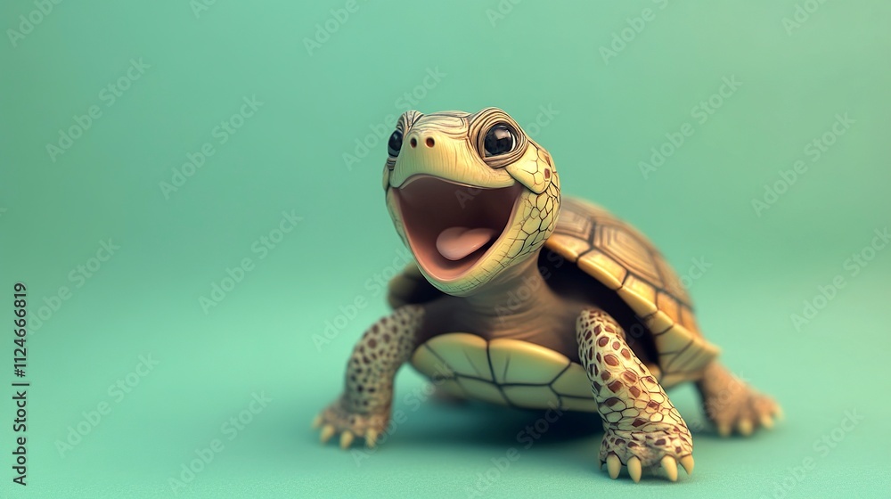 Fototapeta premium cartoon box turtle laughing expression, four-legged animal. pastel green background.