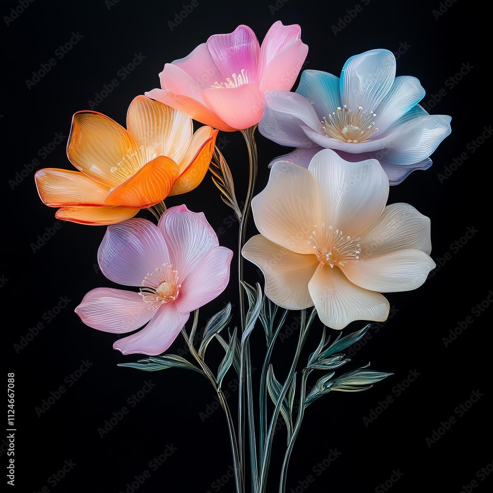 Fototapeta premium Flowers made of glass, merging botanical beauty with fragile elegance