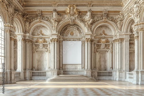 Elegant interior of a grand hall with ornate architecture and a blank canvas for display.