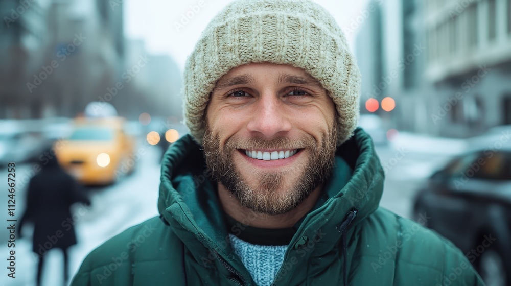 A joyful man with a beard is wearing a knit hat and warm jacket, smiling broadly as he stands on a snowy city street, exuding cheer and winter warmth. A joyful man with a beard is wearing a knit hat and warm jacket, smiling broadly as he stands on a snowy city street, exuding cheer and winter warmth.