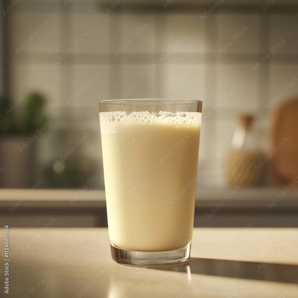 A glass of probiotic drink (like kefir or kombucha) on a minimalist countertop A glass of probiotic drink (like kefir or kombucha) on a minimalist countertop