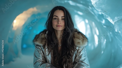 An elegant woman with long hair stands confidently in a shiny fur-coated jacket against a luminous icy blue backdrop, capturing a moment of style and poise. photo