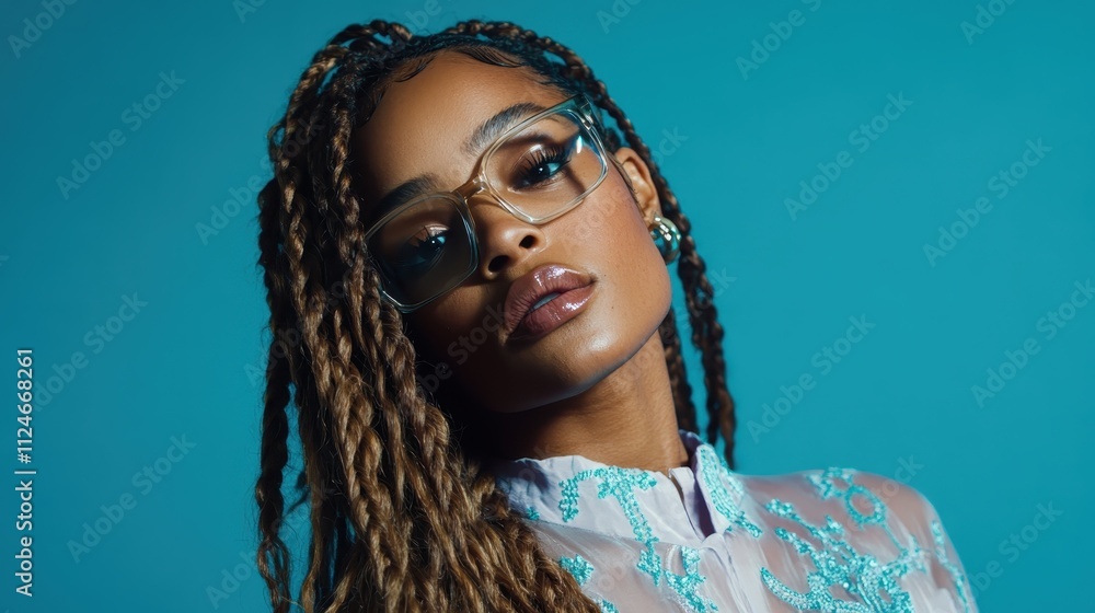 An elegant woman with braided hair showcases her sophisticated style by wearing transparent glasses against a vibrant turquoise background, exuding confidence and charm. An elegant woman with braided hair showcases her sophisticated style by wearing transparent glasses against a vibrant turquoise background, exuding confidence and charm.