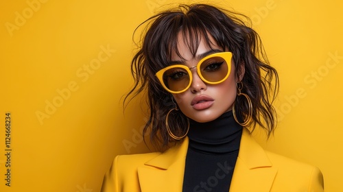 Wallpaper Mural A chic woman confidently poses against a bright yellow background, her bold sunglasses and stylish outfit creating a striking contrast that radiates modern fashion. Torontodigital.ca