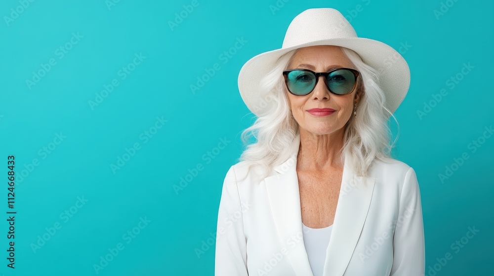 An elegant woman with white hair and sunglasses poses against a blue background, wearing a white hat and stylish outfit, exuding confidence and chic fashion sense. An elegant woman with white hair and sunglasses poses against a blue background, wearing a white hat and stylish outfit, exuding confidence and chic fashion sense.