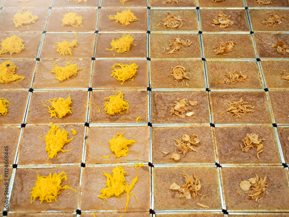 Khanom Mo Kaeng, traditional Thai baked sweet dessert with coconut custard pudding.