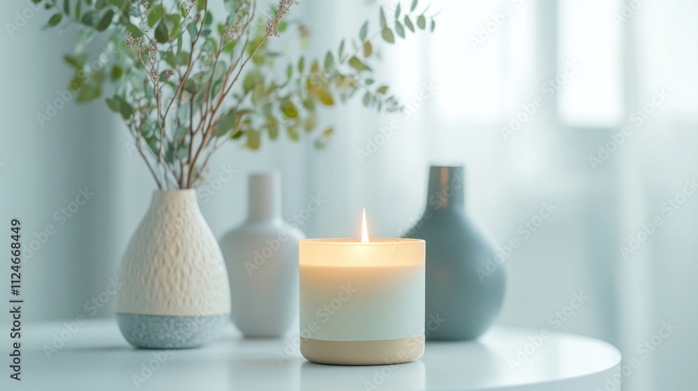 Fototapeta premium A scented candle on a white table with vases on a modern minimalist background.