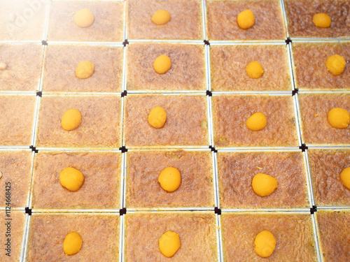 Obraz na płótnie Khanom Mo Kaeng, traditional Thai baked sweet dessert with coconut custard pudding. w salonie