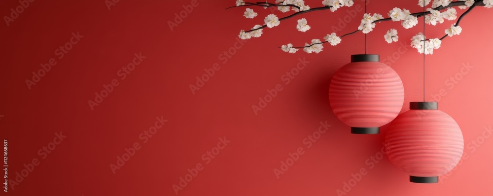 A vibrant red wall new year background adorned with two hanging lanterns and blooming cherry blossoms, creating a warm and inviting atmosphere. A vibrant red wall new year background adorned with two hanging lanterns and blooming cherry blossoms, creating a warm and inviting atmosphere.