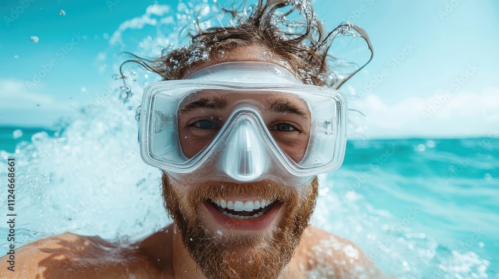 Naklejka premium A smiling man wearing diving goggles enjoying a refreshing moment in the sea, embracing the joy of a sunny day and the act of enjoying water play.
