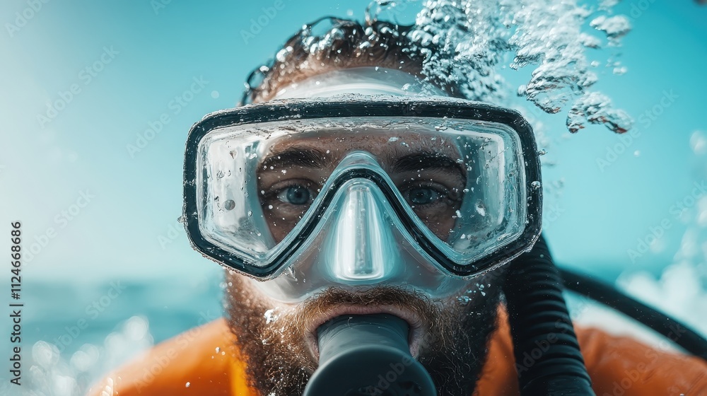 An underwater diver with a full mask, surrounded by bubbles and the vibrant blue ocean, capturing the essence of aquatic adventure and exploration. An underwater diver with a full mask, surrounded by bubbles and the vibrant blue ocean, capturing the essence of aquatic adventure and exploration.