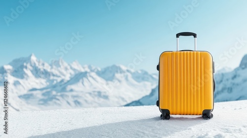 A bright yellow suitcase sits on a snowy mountain landscape, highlighting the contrast between modern travel and pristine natural surroundings under a blue sky. photo