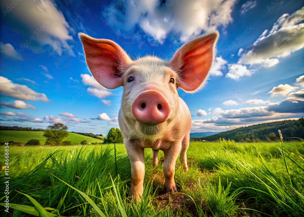 Panoramic Photo: Curious Pig, Farm Animal Portrait, Wide Angle Photography, Adorable Swine Panoramic Photo: Curious Pig, Farm Animal Portrait, Wide Angle Photography, Adorable Swine