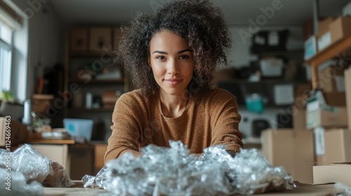 In a room full of boxes, a woman approaches her work with focus and precision, embodying the spirit of determination and efficiency within a bustling setting. photo