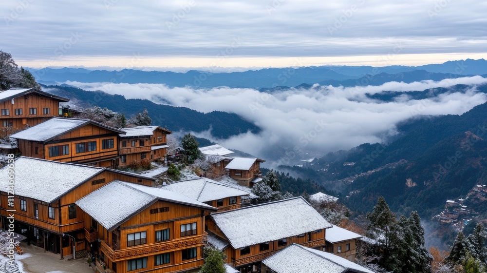 Fototapeta premium A stunning aerial perspective showcases wooden houses blanketed in snow, with towering mountains and lush forests enveloping the village below