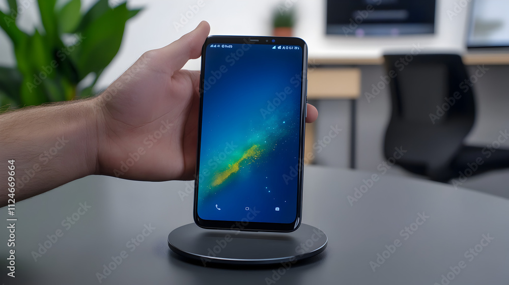 A person placing a wireless charging pad on a desk, with a smartphone charging on it. Wireless charging smartphone on desk. A person placing a wireless charging pad on a desk, with a smartphone charging on it. Wireless charging smartphone on desk.