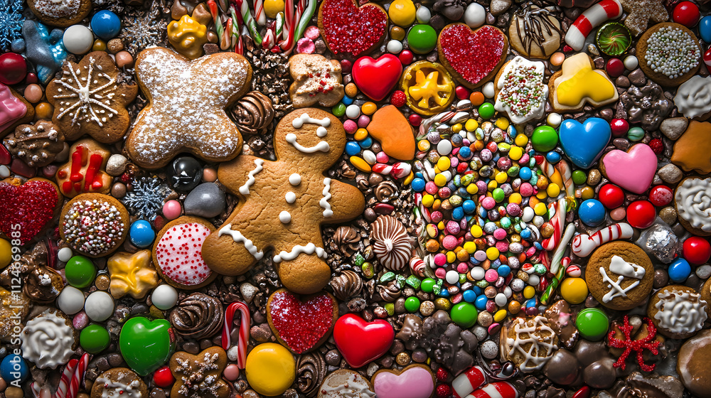 Cheerful Christmas Pattern Background with Delightful Gingerbread, Candy, and Cookie Compositions Cheerful Christmas Pattern Background with Delightful Gingerbread, Candy, and Cookie Compositions